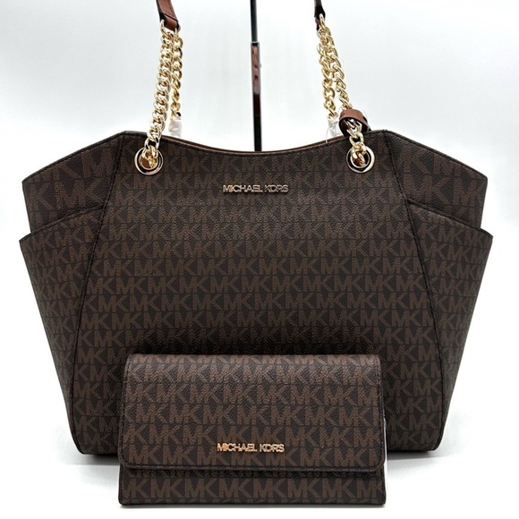 Michael Kors Large Jet Set Travel Chain Shoulder Bag & Trifold Wallet Brown - Picture 1 of 14